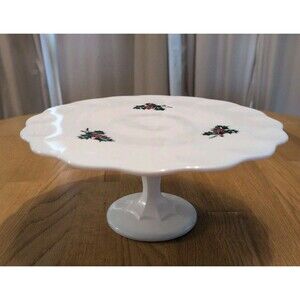 Vintage Indiana Milk Glass Teardrop Pedestal Cake Plate With Holly & Berry 11x5"